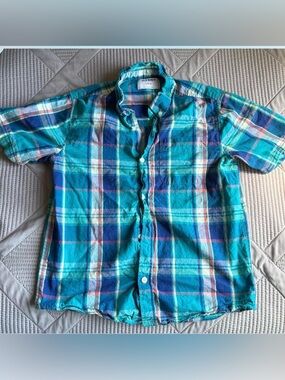 Old Navy Teal & Blue Plaid Short-Sleeve Button-Down Shirt